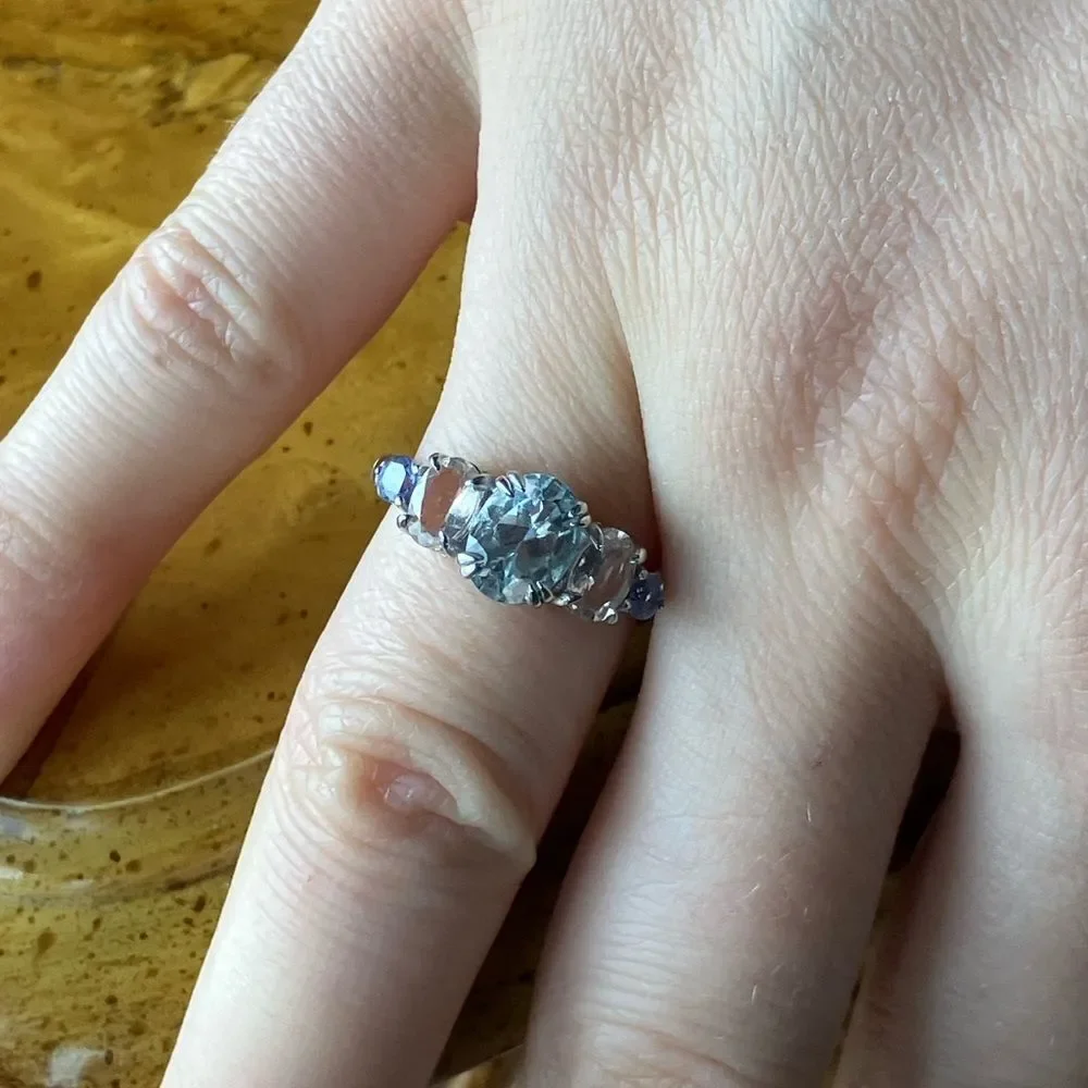 Natural Aquamarine Tanzanite Morganite Sterling Silver Ring Size 7